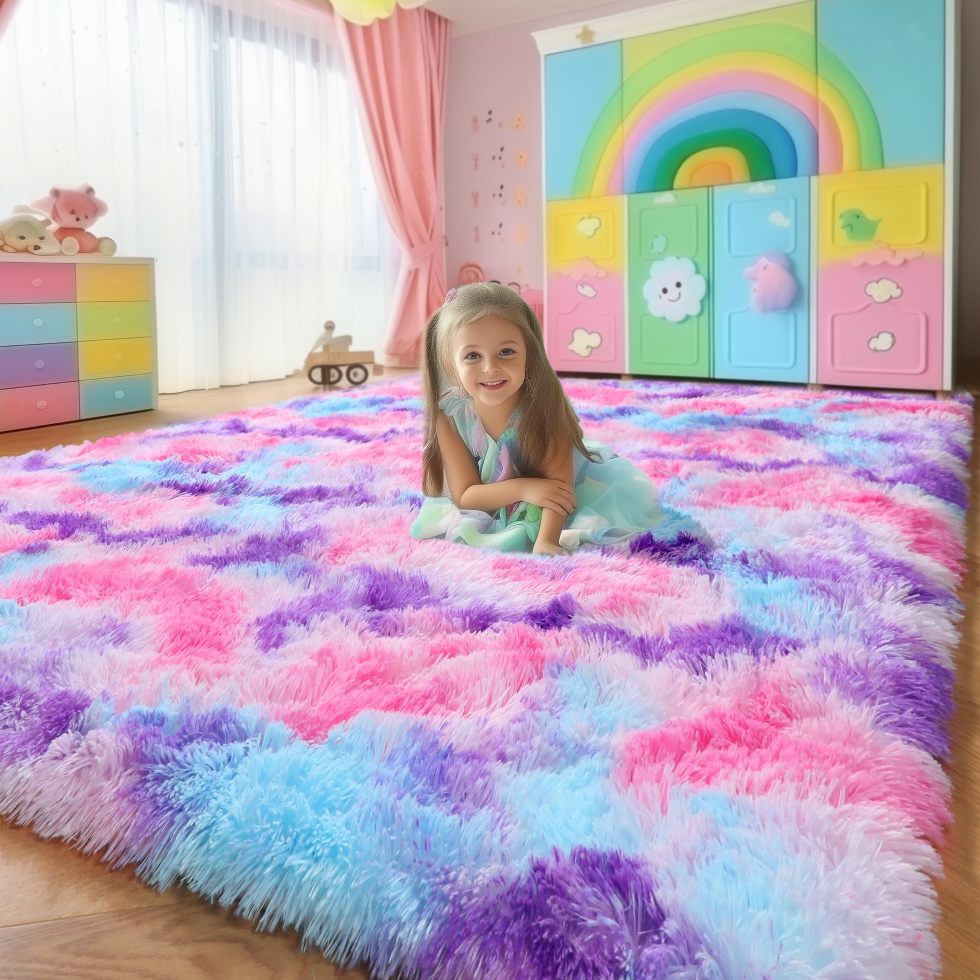 Photo 1 of Amdrebio Hot Pink Rainbow Area Rug for Girls Room 4x6, Soft Fluffy Cute Fuzzy Colorful Kids Rugs for Bedroom Nursery Playroom Classroom, Shaggy Floor Princess Carpet for Baby Toddler Teen, Home Decor