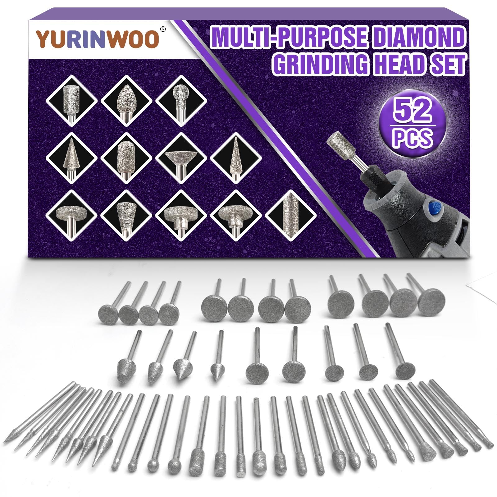 52 PCS Diamond Grinding Bit Set Compatible with Dremel, Multifunctional Stone Carving, Diamond Burr Bits for Rotary Tool Accessories, 1/8" (3mm) Shank for Stone Glass Ceramics Polishing Grinding