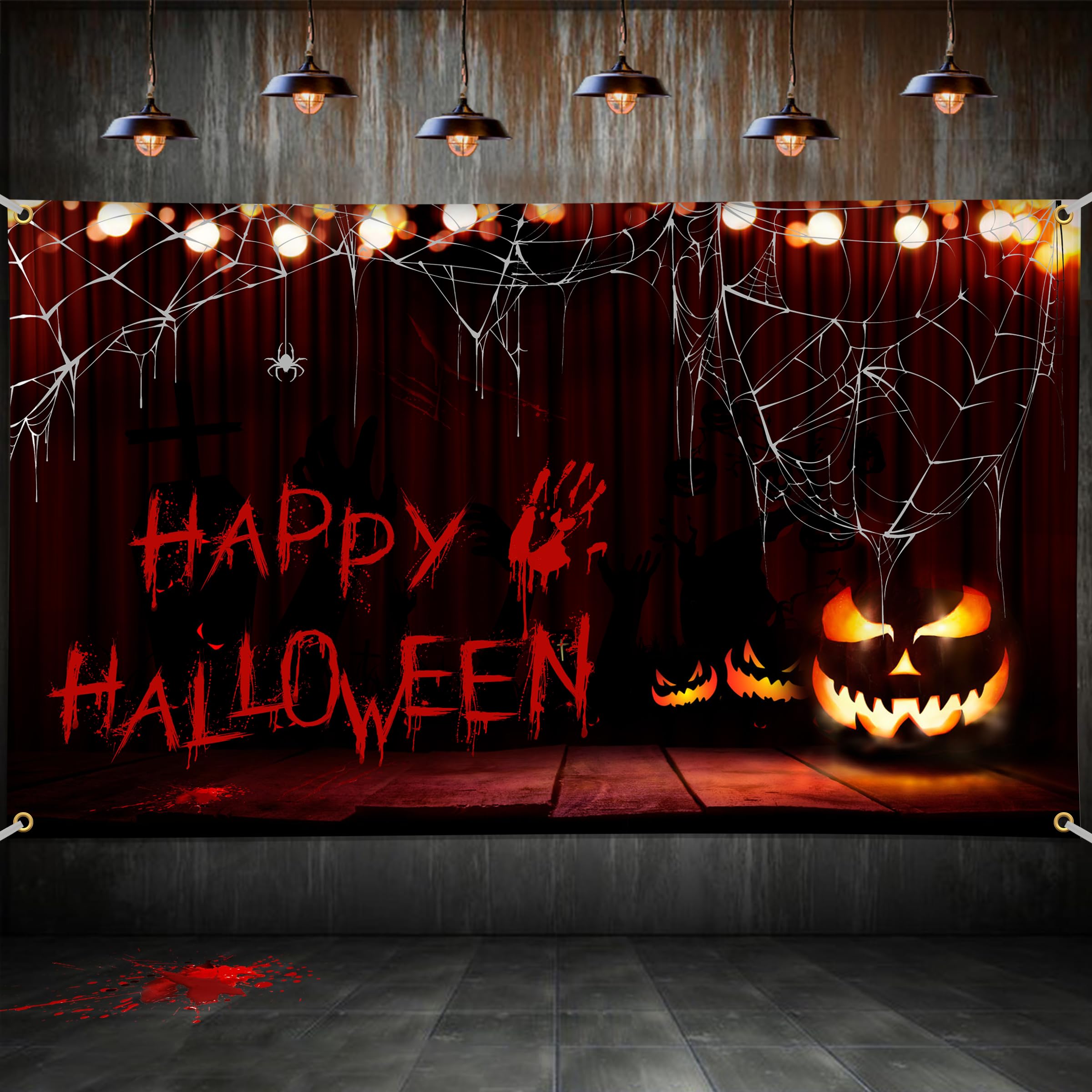 Photo 1 of Tokcousun Happy Halloween Banner, 71x45 Inch Handprint Bloodstain Happy Halloween Backdrop, Scary Happy Halloween Backdrop Party Decorations Pumpkin Halloween Banner for Halloween Wall Photo Booth Decorations Indoor Outdoor