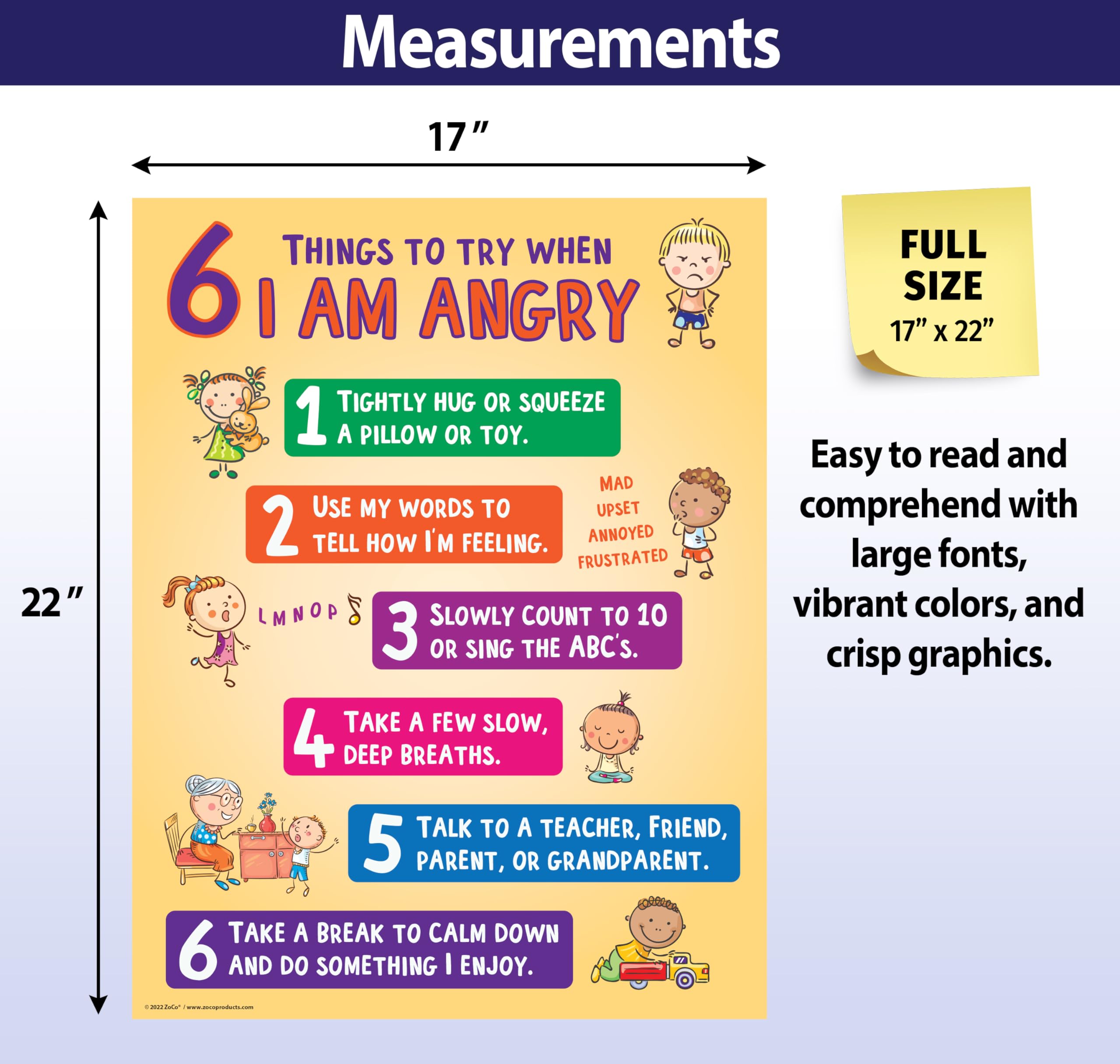 ZOCO - Behavior Management Poster - Kids Calming & Managing Anger Strategies for Daycare, Child Care, Preschool, Elementary School Classrooms - Laminated, 17