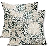 Teal Dahlia Throw Pillow Covers 18x18 Inch Rustic Geometric Flower Decorative Square Pillow Cases Beige Tan Gray Floral Cushion Covers Farmhouse Home Decor For Sofa Bedroom Couch Outdoor Set of 2