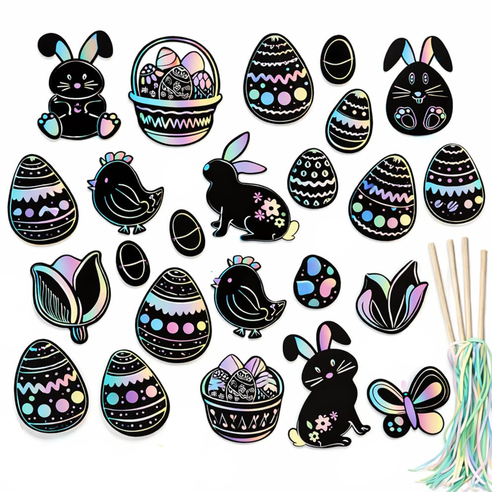 Iconikal 48-Count Easter Scratch Paper Ornaments, Art & Craft Bulk Pack with 24 Sticks Pastel Colored Underlayer