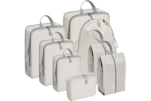 FIRSPIET Compression Packing Cubes for Travel, suitcase organizer bags set, travel organizer bags for luggage with shoe bag for Travel Accessories Luggage Suitcase Backpack (Beige)