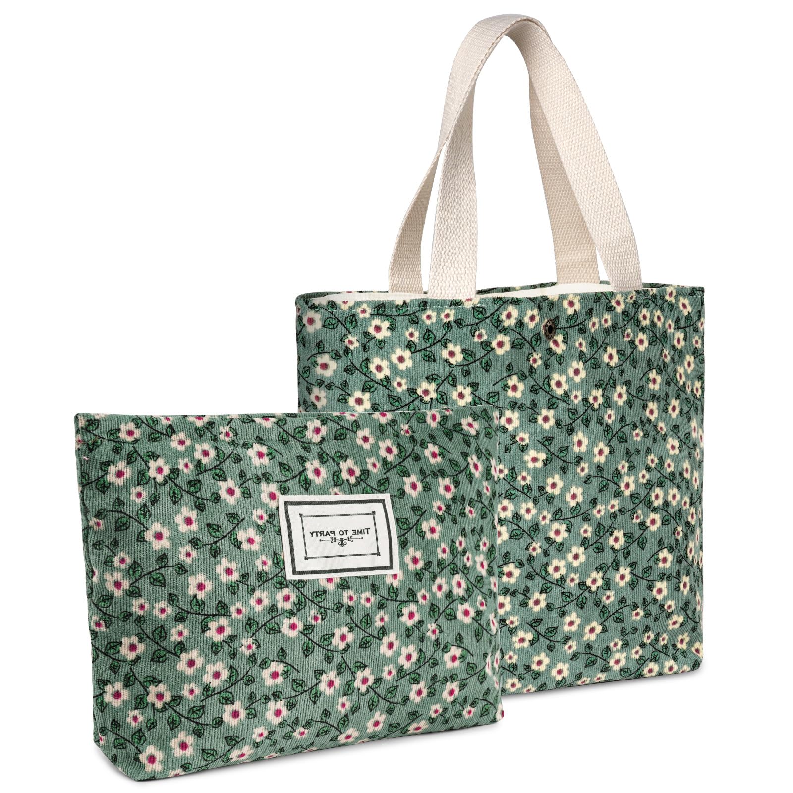 Aucuu Floral Canvas Cosmetic Bags, 2 Pcs Rose Flower Printing Corduroy Toiletry Bag, Multifunctional Travel Makeup Bag With Metal Zipper for Women Girls Gift - Green Flower
