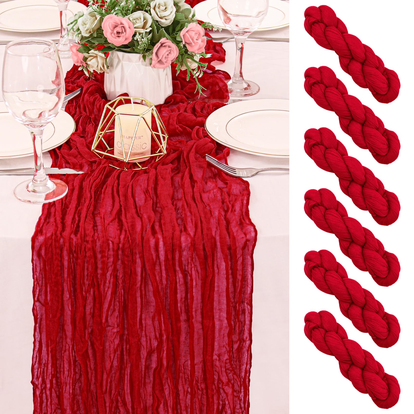 Photo 1 of 2 Pack 120 Inch Red Cheesecloth Table Runner Boho Rustic Gauze Sheer Romantic 10 FT Long Cheese Cloth Table Runner for Bridal Baby Shower Wedding Party Birthday Holiday Home Easter Decor