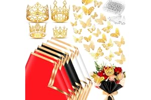 Estune Flower Bouquet Wrapping Paper 60 Sheets with 4 Gold Crowns 200 Flower Pins 48 Gold Butterflies for Women Valentine's Day Mother's Day Birthday Wedding Gift DIY Florist Supplies (Dark Color)