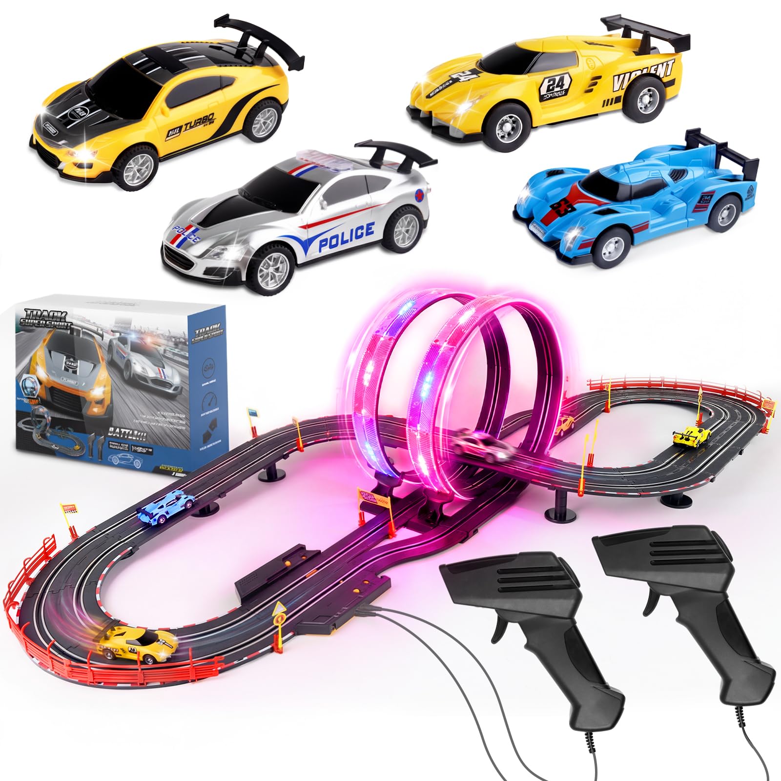 Photo 1 of Slot Car Race Track Set, 19ft Electric Track with LED Lights and 4 Slot Cars, 2 Hand Controllers and Racing Game Lap Counters, Set Features Loop, Turns, and Crossover for Boys Age 6-12