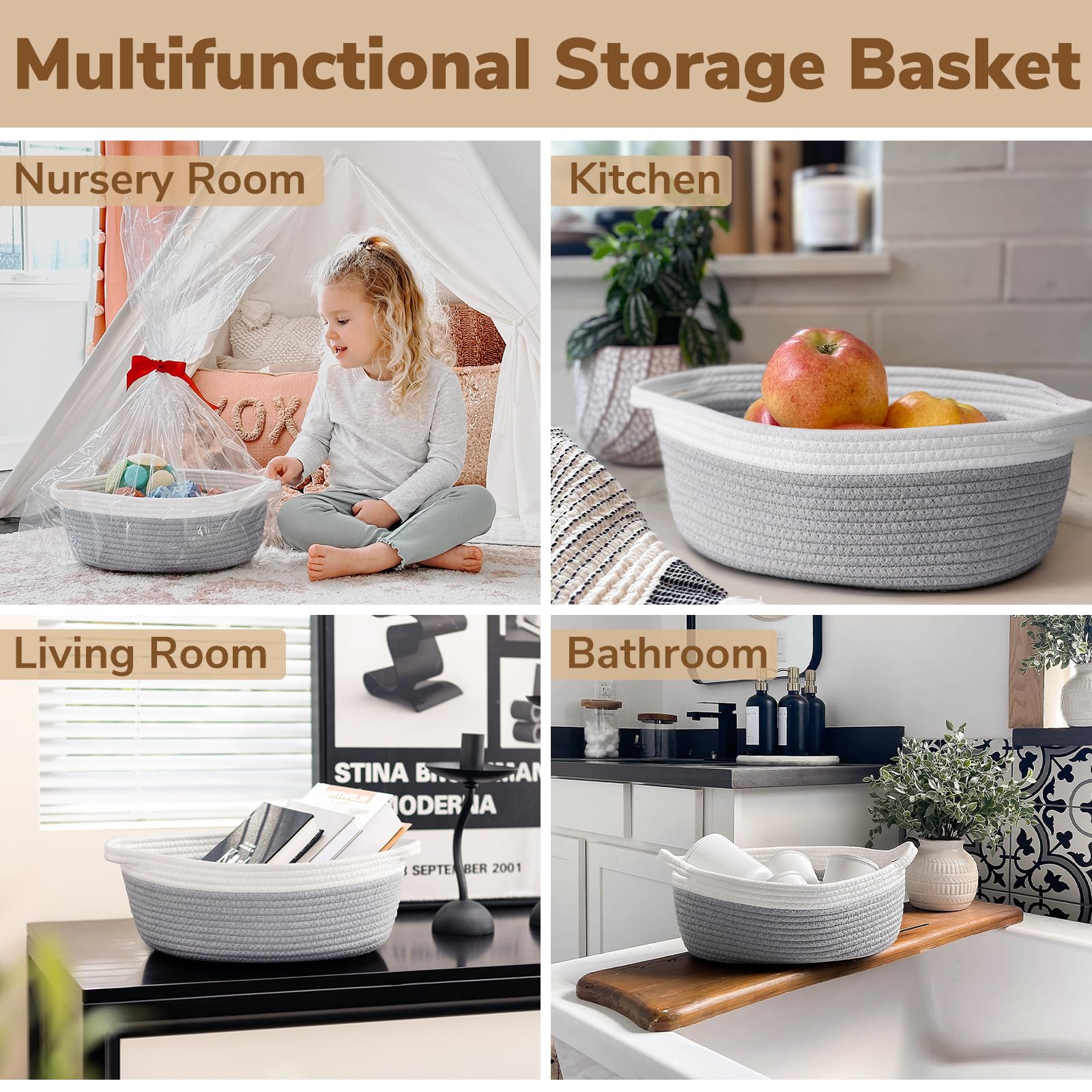 Goodpick Small Woven Storage Basket with Handles, Cotton Rope Baskets for Gifts Empty, Dog Toys, Diapers, Towels, Easter Baskets for Kids, 12