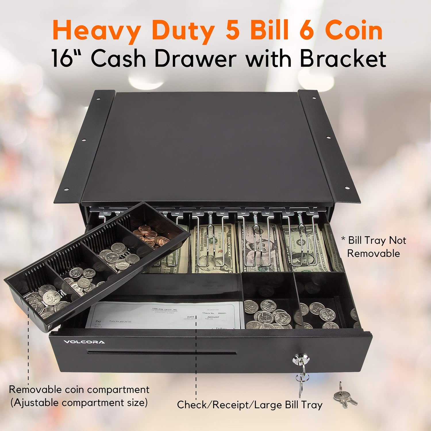 Cash Register Drawer with Under Counter Mounting Metal Bracket - 16” Black Cash Drawer for POS, 5 Bill 6 Coin Cash Tray, Removable Coin Compartment, 24V RJ11/RJ12 Key-Lock, Media Slot - For Businesses : Electronics