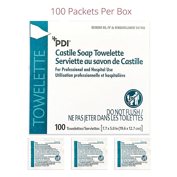 PDI CASTILE SOAP TOWELETTES, FACE AND HAND CLEANSING, 100 INDIVIDUALLY WRAPPED WIPES PER BOX