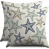 Smozenith Beach Pillow Covers 18X18 Set of 2, Coastal Themed Starfish Summer Beachy Ocean Print Decorative Throw Pillowcases Outdoor Farmhouse Seasonal Cushion Cases Couch Sofa Bed Decor
