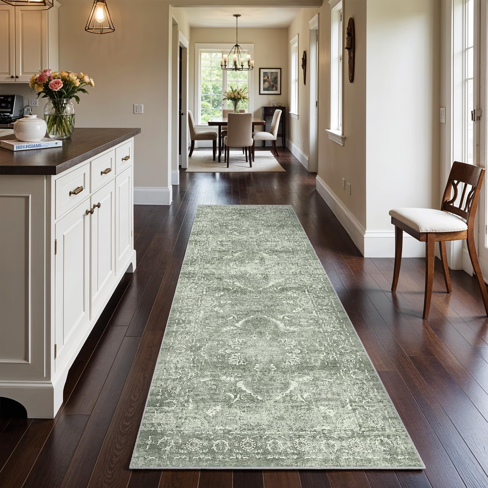 Photo 1 of EISUROM Hallway 3x10 Runner Rug - Vintage Non-Slip Long Rug for Entryway Low-Pile Washable Medallion Runner Rugs for Hallway Waterproof Traditional Runner Rug Indoor Thin Rug for Kitchen (Green)