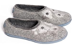 Gray felted wool slippers with flowers decoration, Handmade warm woolen home shoes for women