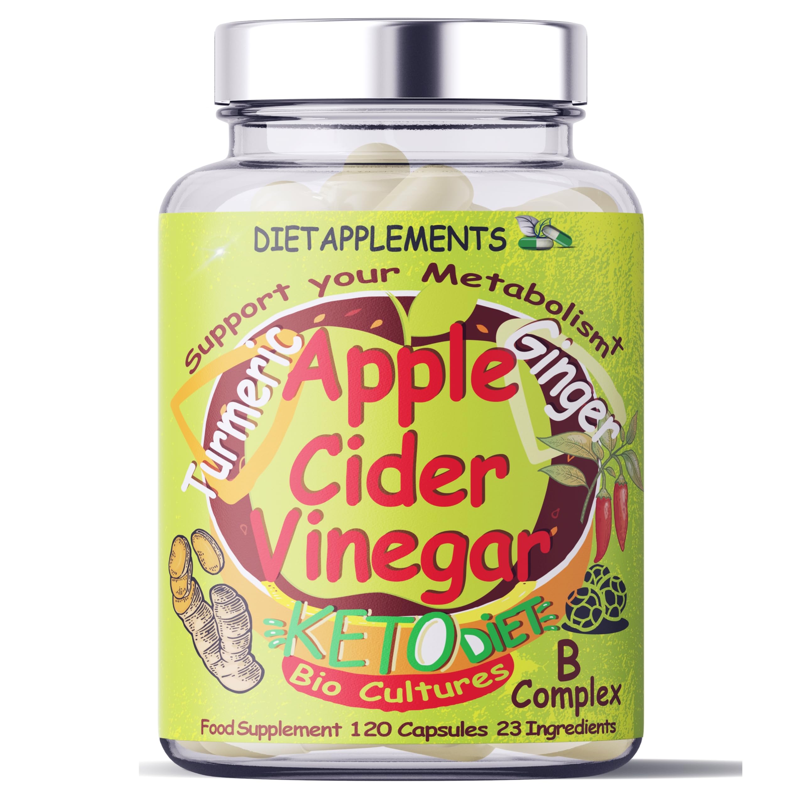 Advanced Metabolism Complex: Raw Unfiltered Apple Cider Vinegar with The Mother, Turmeric 1400mg, Ginger, Black, Cayenne Pepper, Bio-Cultures. Vegan High-Strength Vitamins & Minerals. 2775mg/serving.