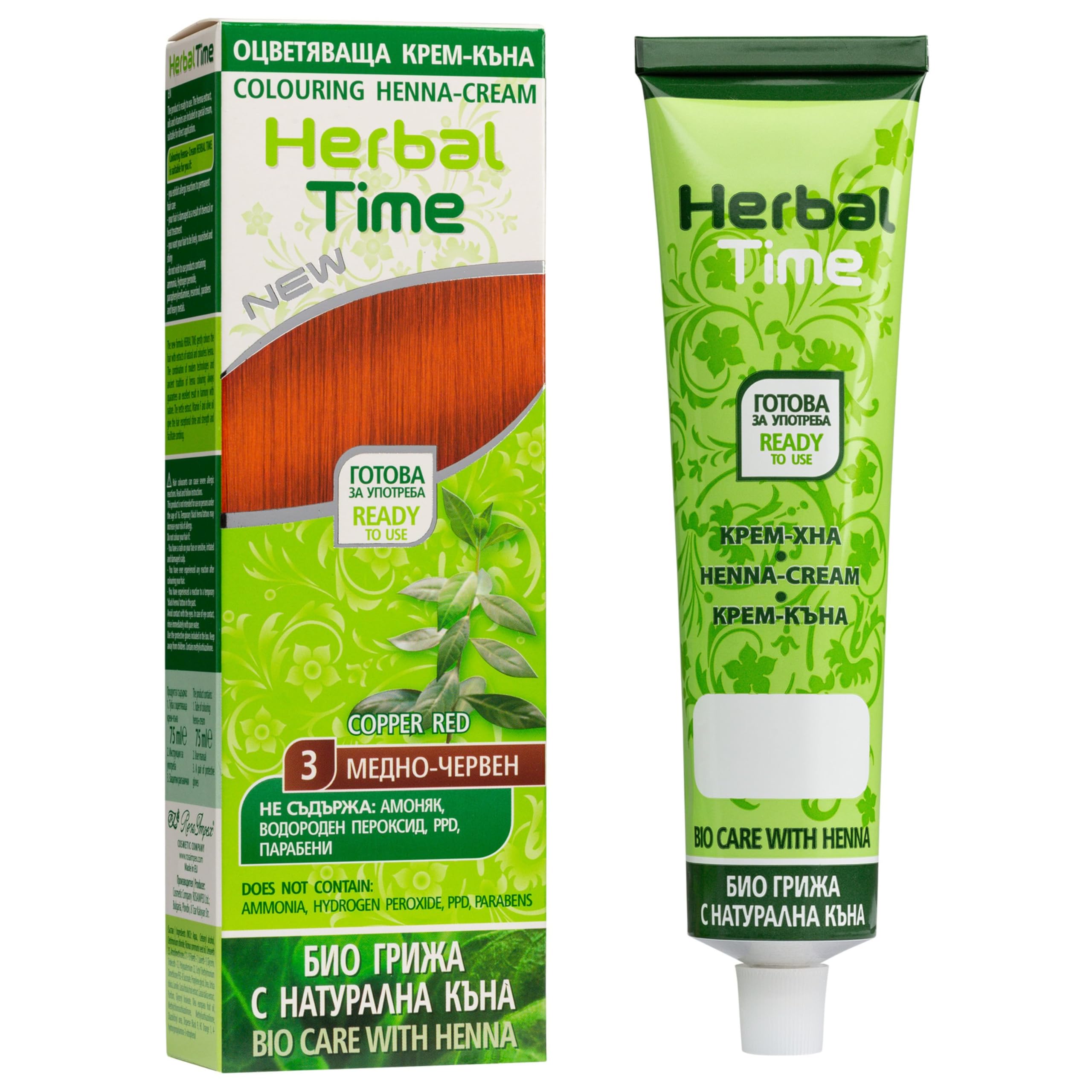 Herbal Time Henna Natural Cream Colour Colour Copper Red No. 3 | Covers Gray Hair | Temporary Hair Dye Cream | Ammonium-Free, Sulfate-free and Paraben Free | 75 ml