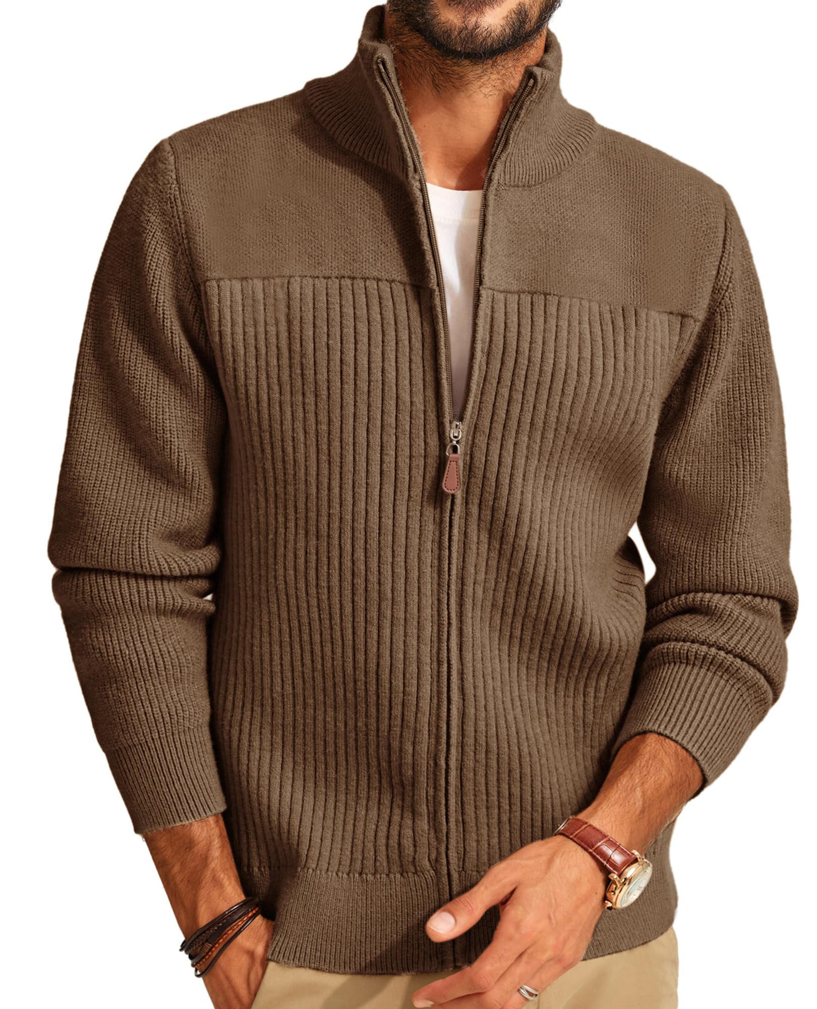 Photo 1 of PJ PAUL JONES Cardigan Sweater for Men Regular Fit Full Zip Sweaters Stand Collar Ribbed Textured Cardigans Coffee XL