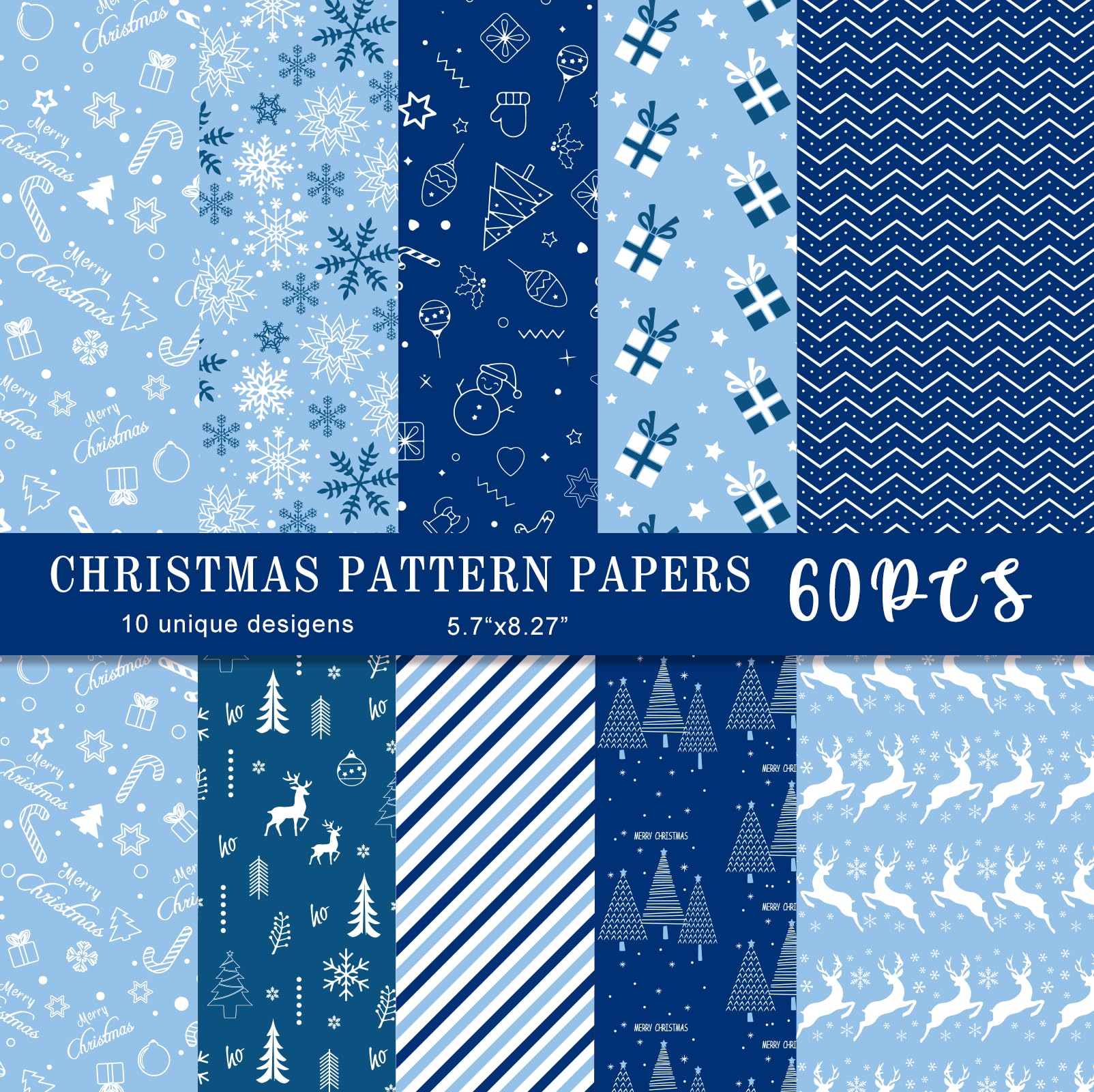 MIAHART 60 Pieces Merry Christmas Pattern Paper Set 10 Designs Festival Craft Paper for Card Making Scrapbook (Blue & White, A5)