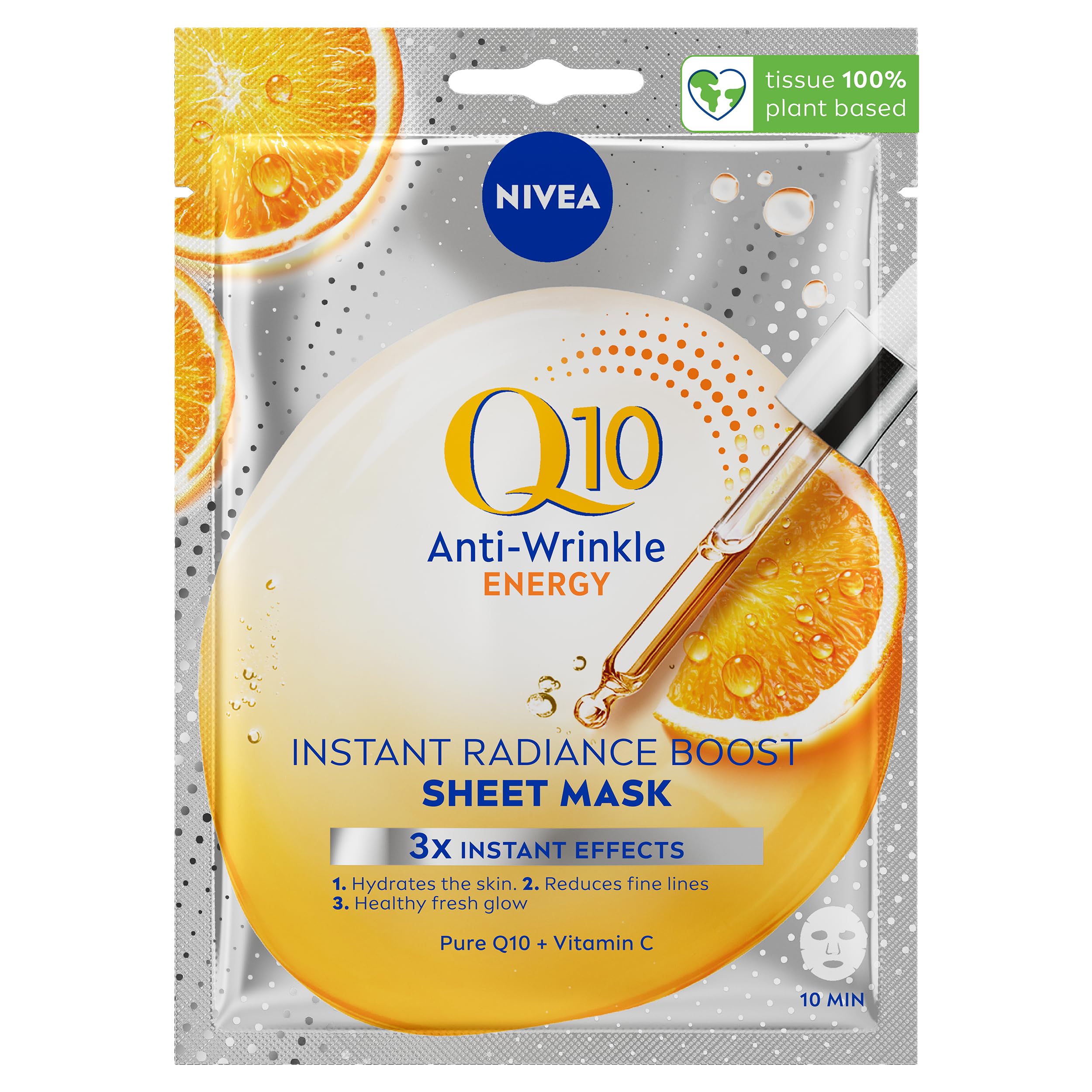 NIVEA Q10 + C Power Anti-Wrinkle + Energy Sheet Mask (1 Piece), Anti Ageing Moisturiser Mask with Vitamin C, Face Mask with Coenzyme Q10, Anti Wrinkle Cream Mask