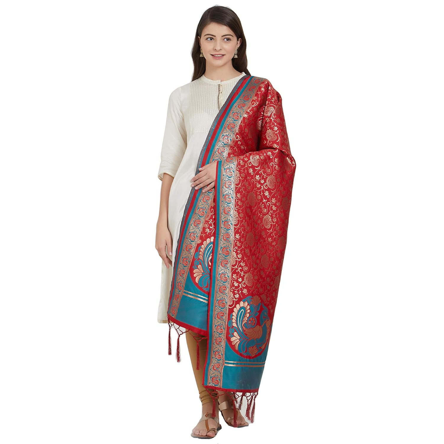 nanda silk mills red woven banarasi silk dupatta for women