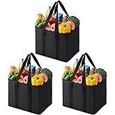 VENO 3 Pack Reusable Grocery Bags, Shopping Bags for groceries, Utility Tote with Handles and Hard Bottom, Foldable Shopping Cart Organizer, Multi-Purpose, Heavy-Duty (Black, 6 Gallon-3 Pack)
