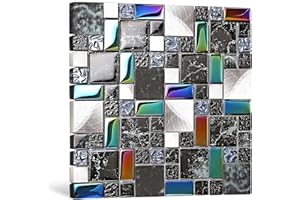Blujellyfish Wall Backsplash Tile Black Glass Silver Metal Iridescent Vibrant Colors for Home Project Kitchen Bathroom Shower Accents Walls Decoration TSTMGB026 (5 Square Feet)