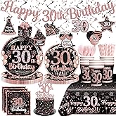Yingoto 162pcs 30th Birthday Decorations for Women, Serves 25 Guests, Rose Gold 30th Birthday Decorations for Her Kit with 300gsm Cardstock Paper Plates, Ideal for 30th Party Celebration