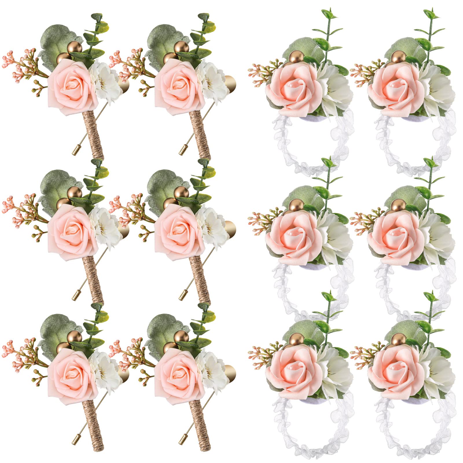 Photo 1 of 12 Pcs Wedding Wrist Corsage and Boutonniere Set Rose Wrist Corsage for Prom Boutonniere for Men Wedding Flowers Accessories Prom Suit Decorations for Wedding Ceremony Anniversary (Pink)