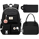 School Backpack for Teen Girls Women College Laptop Backpacks Kids Cute Bookbag Set with Lunch Box Pencil Case Elementary Middle High Campus Bag 3 Pcs Students Bookbags Sets Travel Daypack-Black