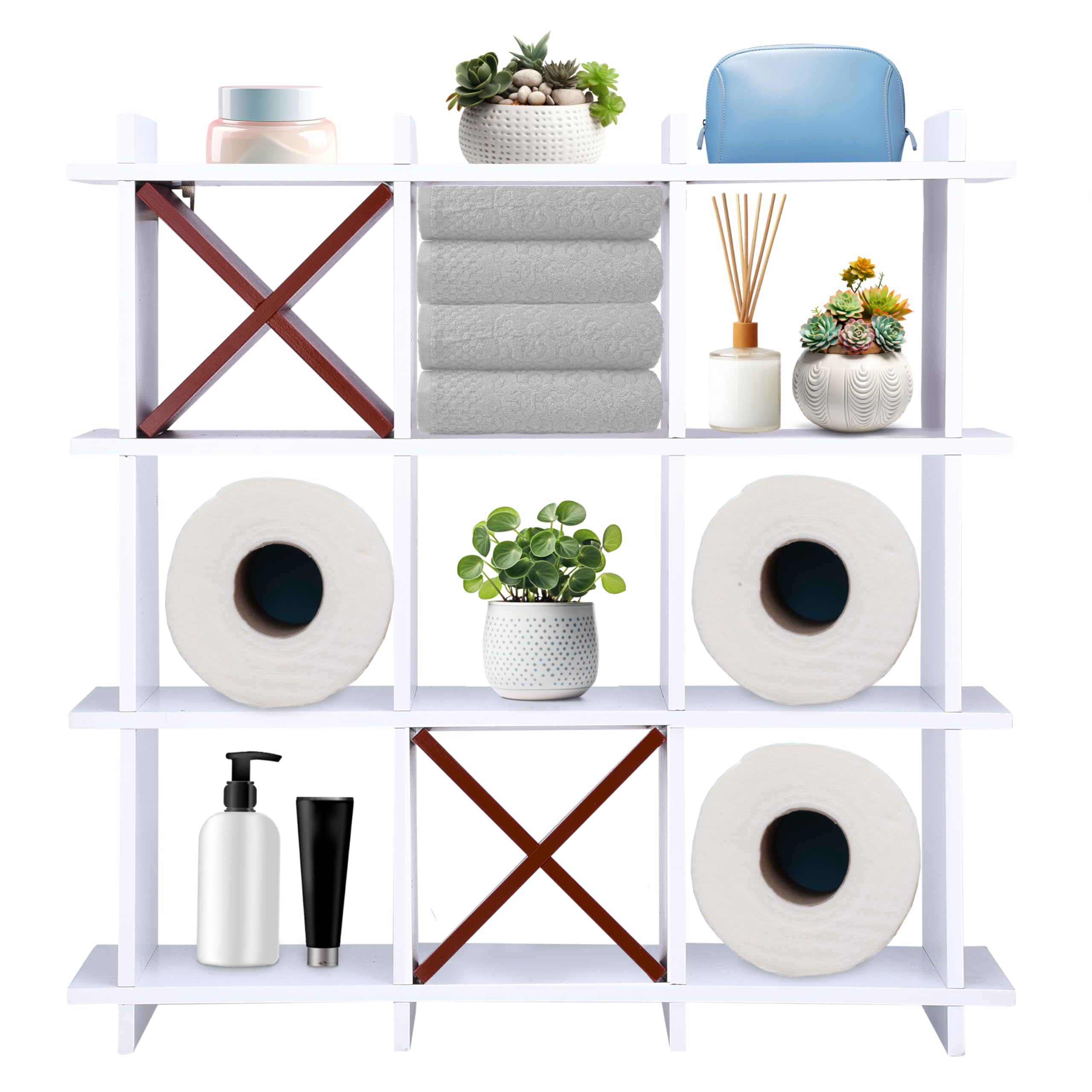 Photo 1 of Black and brown Tic Tac Toe Toilet Paper Holder Stand - Wall Toilet Paper Storage - Hanging Tic Tac Toe Decor - Rustic Wall-Mounted Bathroom Shelf - Wooden Decorative Shelf - White with Brown Cross