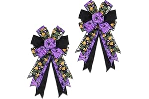 Montekin Large Halloween Bows for Wreath 20x11 Inch, 2 Pack Pre-Tied Pumpkin Spider Burlap Wired Burlap Ribbon Bows, Tree Topper Bow Ornaments for Front Door Indoor Outdoor Decorations (Black&Purple)