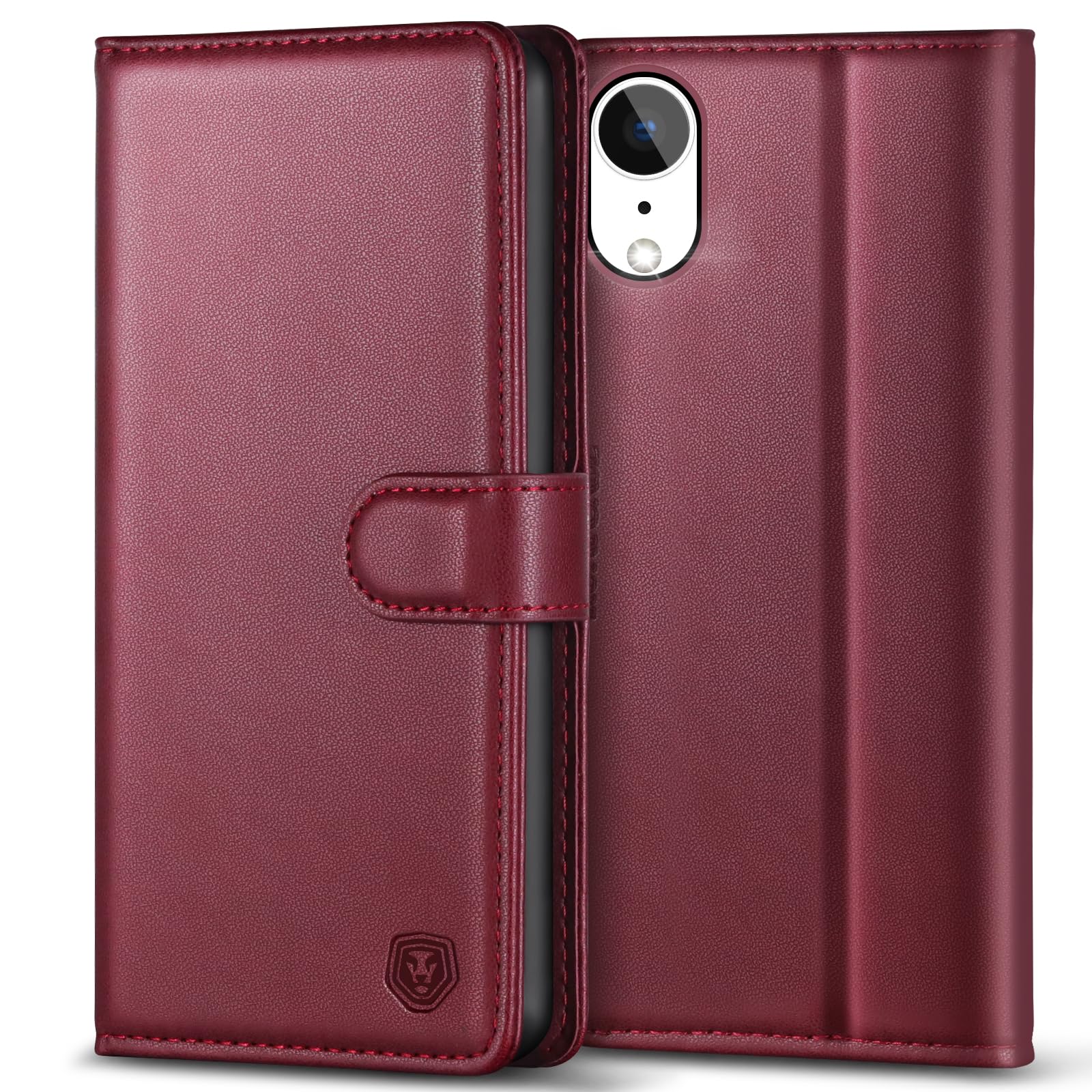 Kuafcase Compatible for iPhone XR Case with 4 Card Slots Magnetic Closure Kickstand Shockproof Protective Phone Case Compatible for iPhone XR - Wine Red — image 1