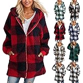 Sherpa Jacket Women Plaid Zip Up Long Plus Size Hoodies Outerwear Double Fleece Fall Winter Warm Coats with Pockets