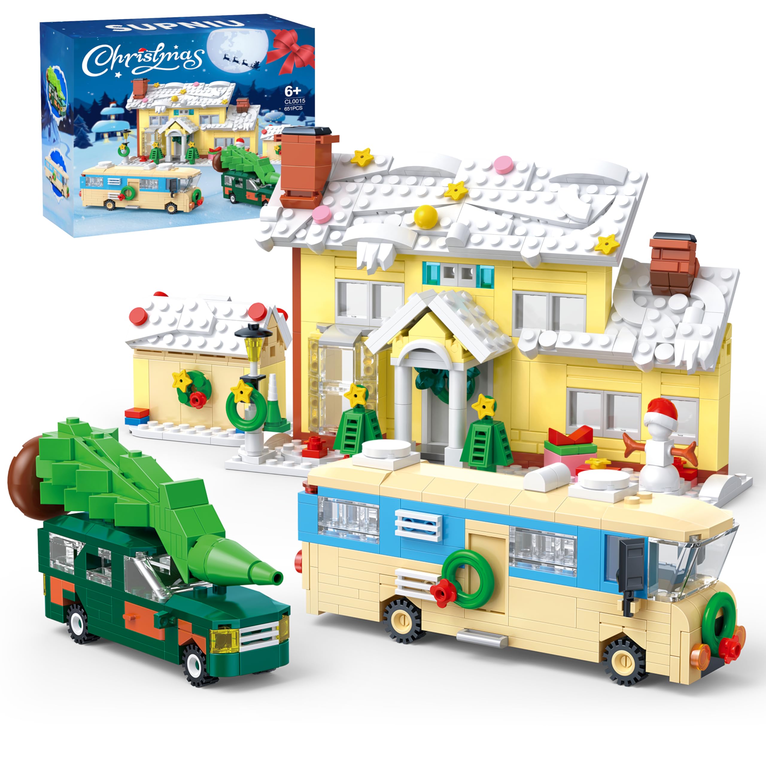 4 in 1 Snow Village,Pickup,Garage,RV Building Set Compatible with Lego,Xmas Decor Toys Gifts for Adults Girls Boys Ages 6+ (650 Pieces)