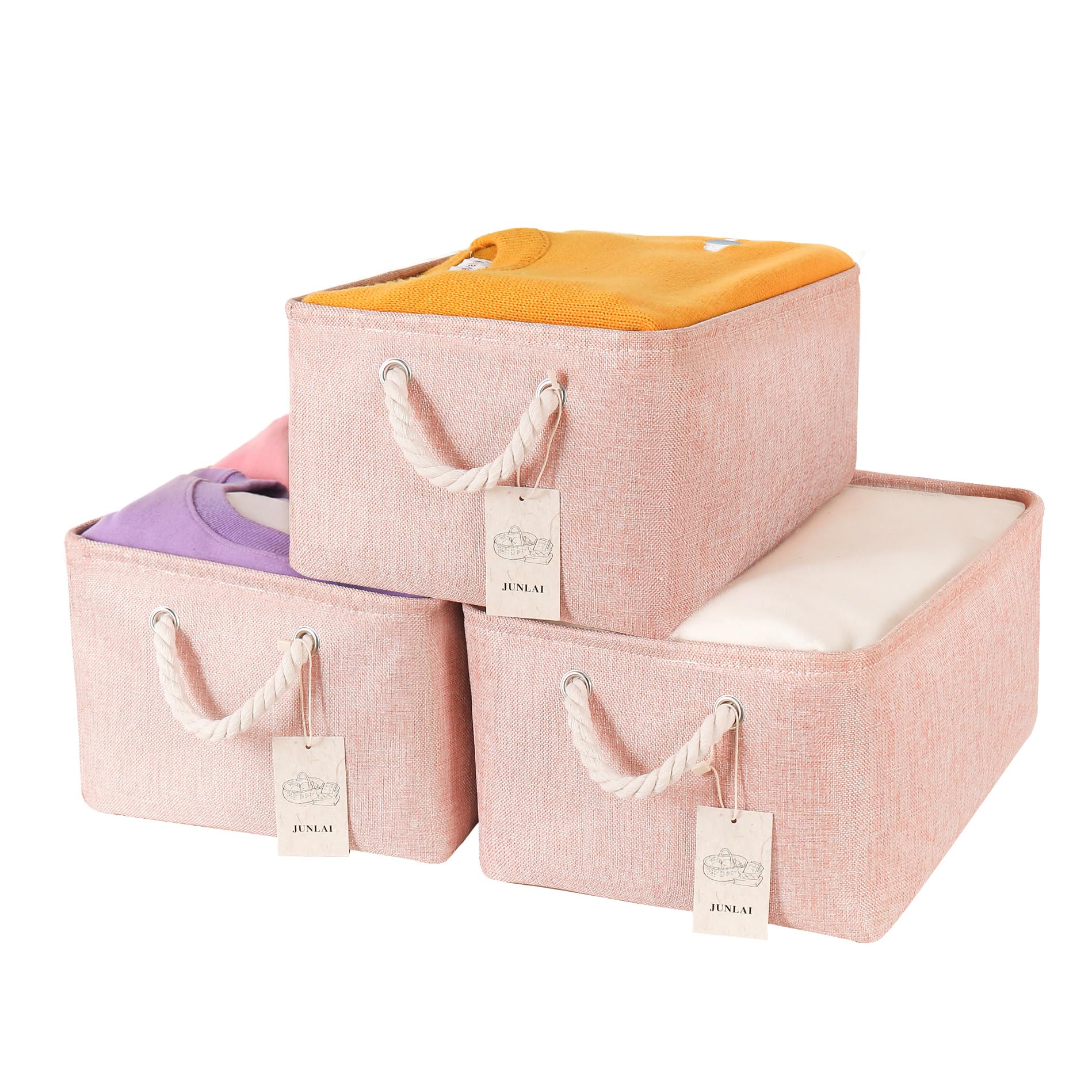 JUNLAI 3 Pcs Storage Baskets with Handles, Foldable Small Pink Storage Boxes, Fabric Wardrobe Storage Basket for Office & Home, Book, Clothes, Toys(Pink, Small) — image 1