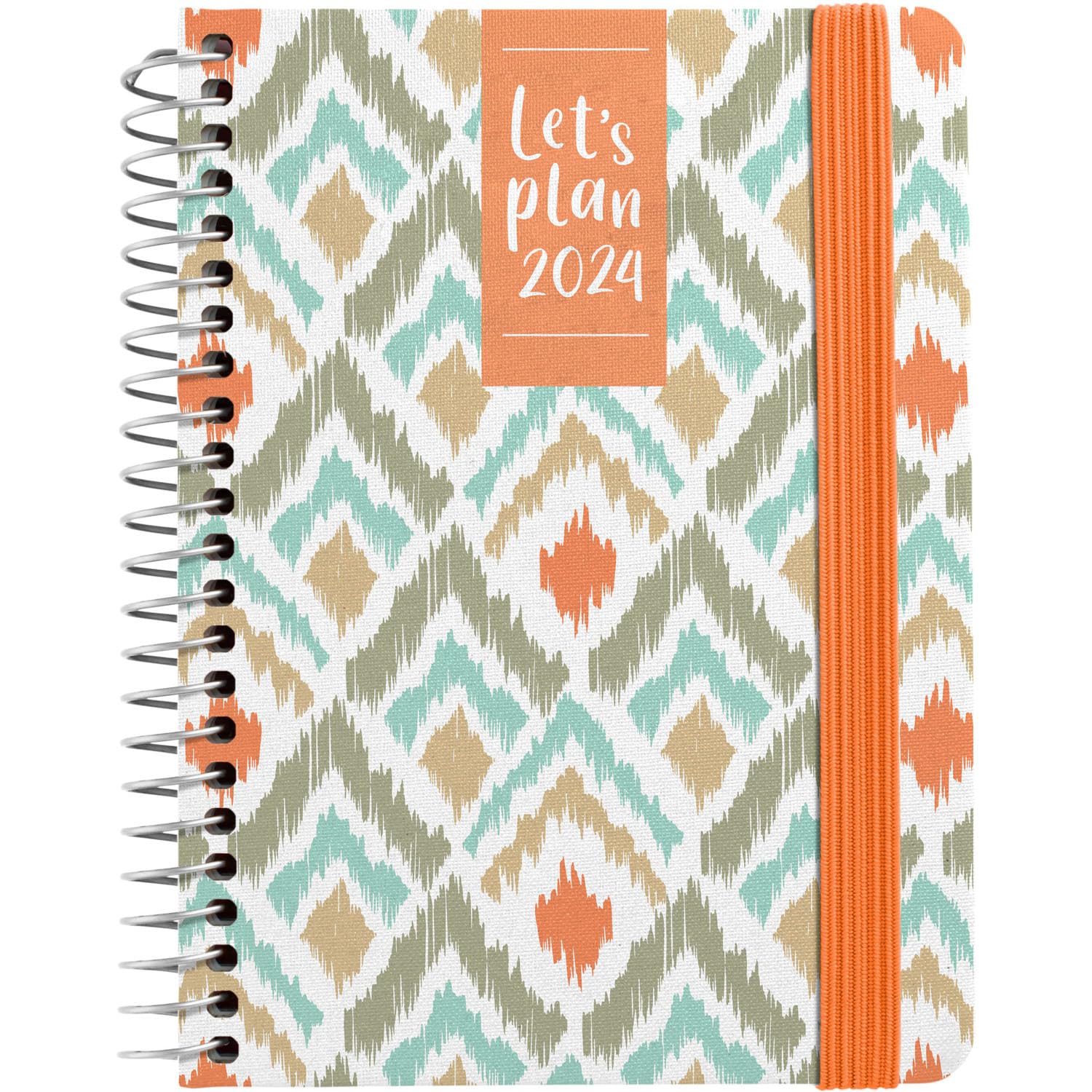 Grafoplás | 2024 A6 Annual Diary | Blurred Orange Design | Spanish | Day Page | 10.5 x 16.5 cm | Spiral Bound | Hard Cover Lined in Printed Fabric | Elastic Closure