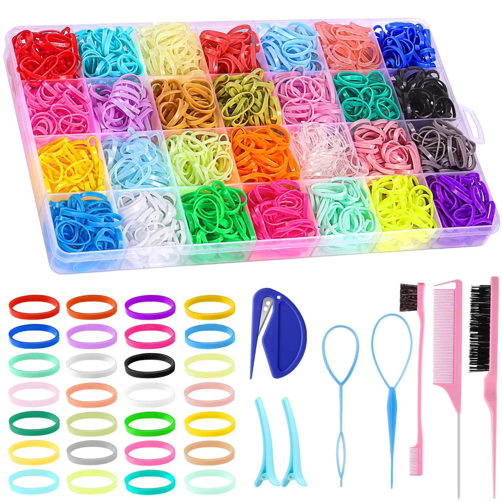 Photo 1 of 28 Colors Rubber Bands with 8 Hair Styling Tools, 1500 Pcs Colorful Elastic Ties Small Rubber Bands Baby Toddler Ties for Girls Hair Accessories Christmas Gifts