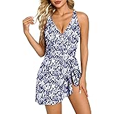 Jollkichay One Piece Swimsuit Tummy Control Bathing Suit for Women Swim Dress Slimming Ruched Skirt V Neck Modest Swimwear