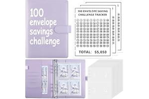 Phyxin 100 Envelope Challenge Binder, PU Leather A5 Binder, Budget Book with Cash Envelopes, 100 Envelopes Money Saving Challenge to Save $5,050, Budget Binder Planner Book, Purple