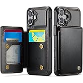 Vinich for iPhone 16 Wallet Case with Card Holder, Black | RFID Blocking Credit Slots, Kickstand, Shockproof Flip Phone Cover, PU Leather, Double Magnetic Clasp