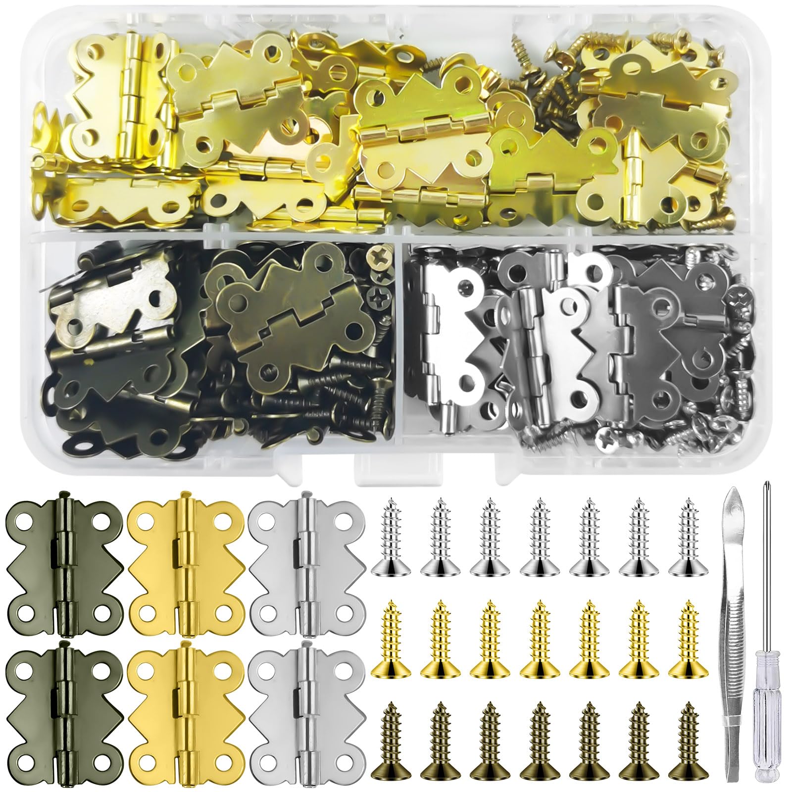 90pcs Small Cabinet Hinges - Antique Butterfly Shape, 20 * 17mm, 360 Screws, 1 Screwdriver, 3 Colors, Mini Hinges with Tweezer, Organiser for Jewelry Box, DIY Crafts Box