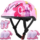 Lamsion Kids Helmet Adjustable Protective Gear Set for Ages 3-8 Girls Boys | Lightweight pink helmet &amp; knee/elbow/wrist pads for toddlers, great for bike/scooter/skate. Ventilated &amp; impact-resistant