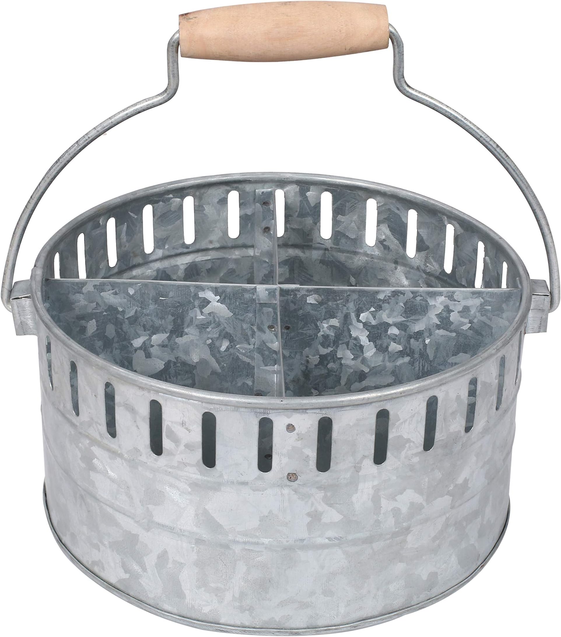 Utensil Caddy Carry-All Serveware - Round Galvanized Metal Organizer for Kitchen Counter - Comfortable Wooden Handle Indoor/Outdoor Storage For Flatware, Condiments, Party Cutlery - Antique Gray