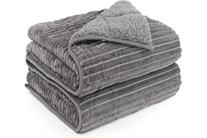 Pawque Sherpa Weighted Blanket Queen Size (15 lbs, 60'' x 80'', Grey), Heavy Blanket for Adult, Fuzzy Bed Throw with Ribbed Stripes, Dual Sided Cozy Fluffy Weighted Blanket with Premium Beads for Bed