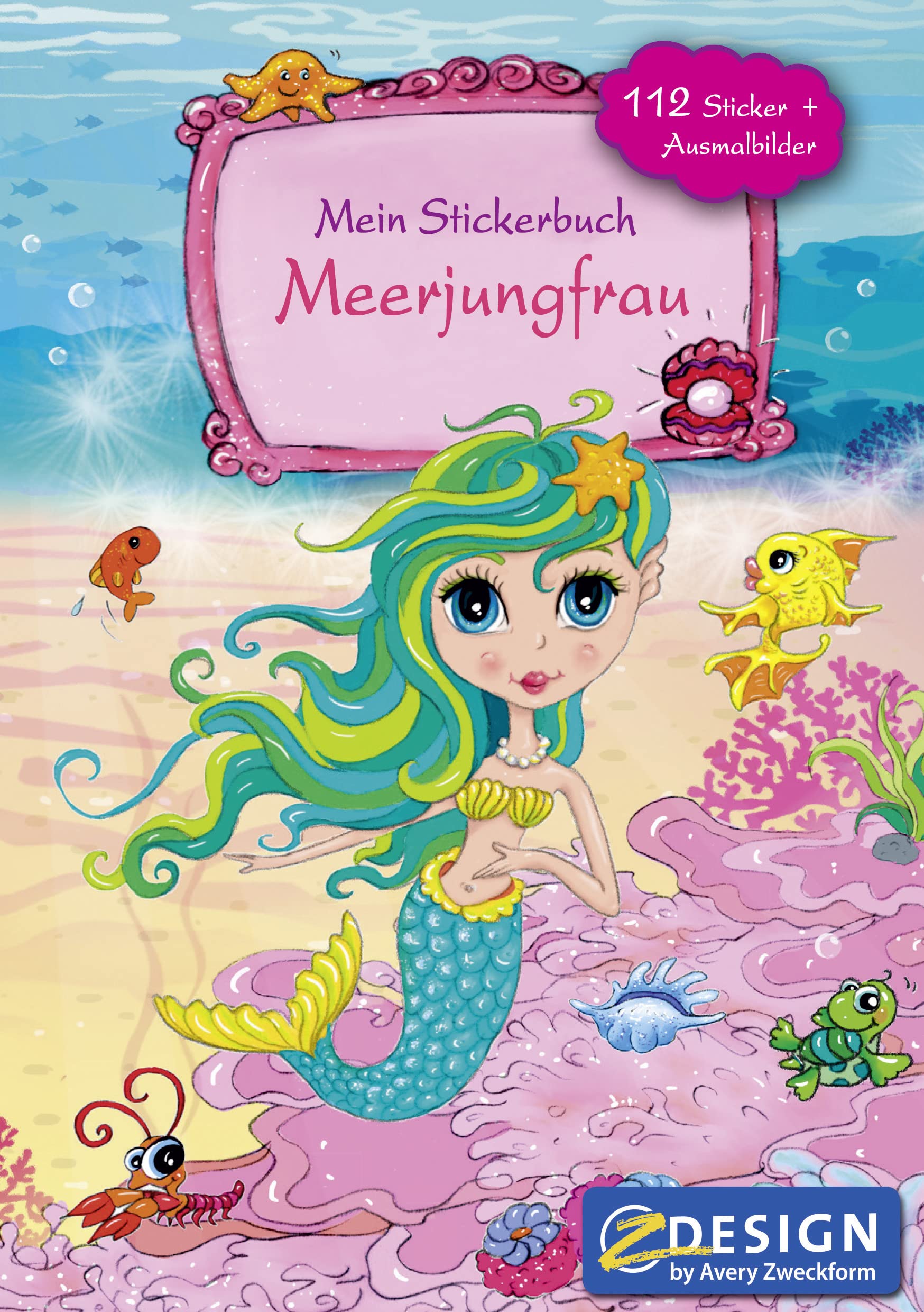 AVERY Zweckform 57796 Children's Sticker Book Mermaid with 112 Stickers, 5 Game Worlds and 2 Colouring Pictures (Play Book for Children, Girls, Designed Paper Pages, A5, Mermaids, Children's Birthday)