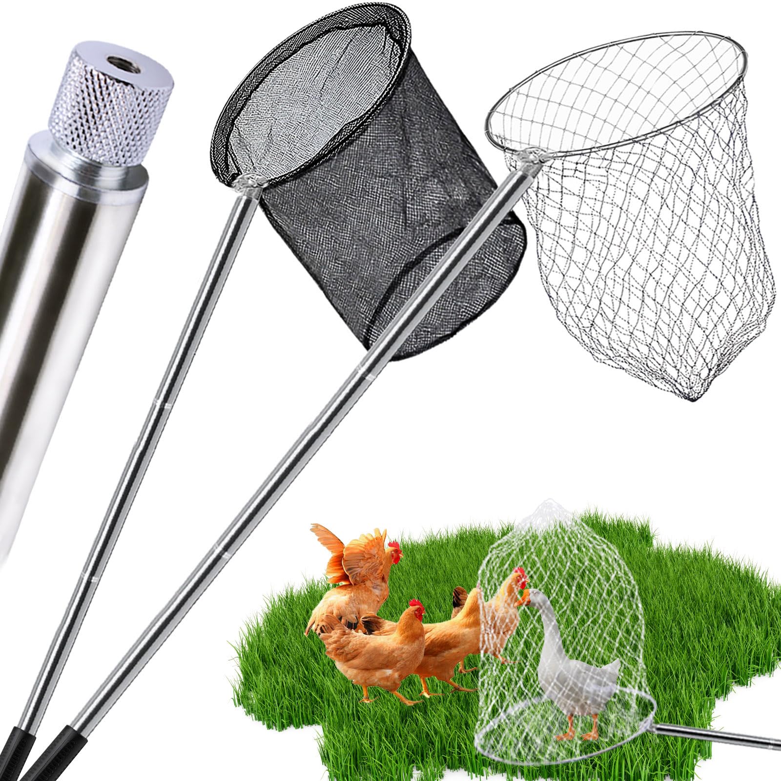 Photo 1 of 2 Sets Chicken Catching Net Extra Thick 2 Poles 5.25 FT Poultry Fishing Net Extendable Landing Animal Catcher for Bird, Chicken, Goose, Ducks, Fish, Cat(2 Nets, 2 Poles with 3 Sections Each,46 Inches)