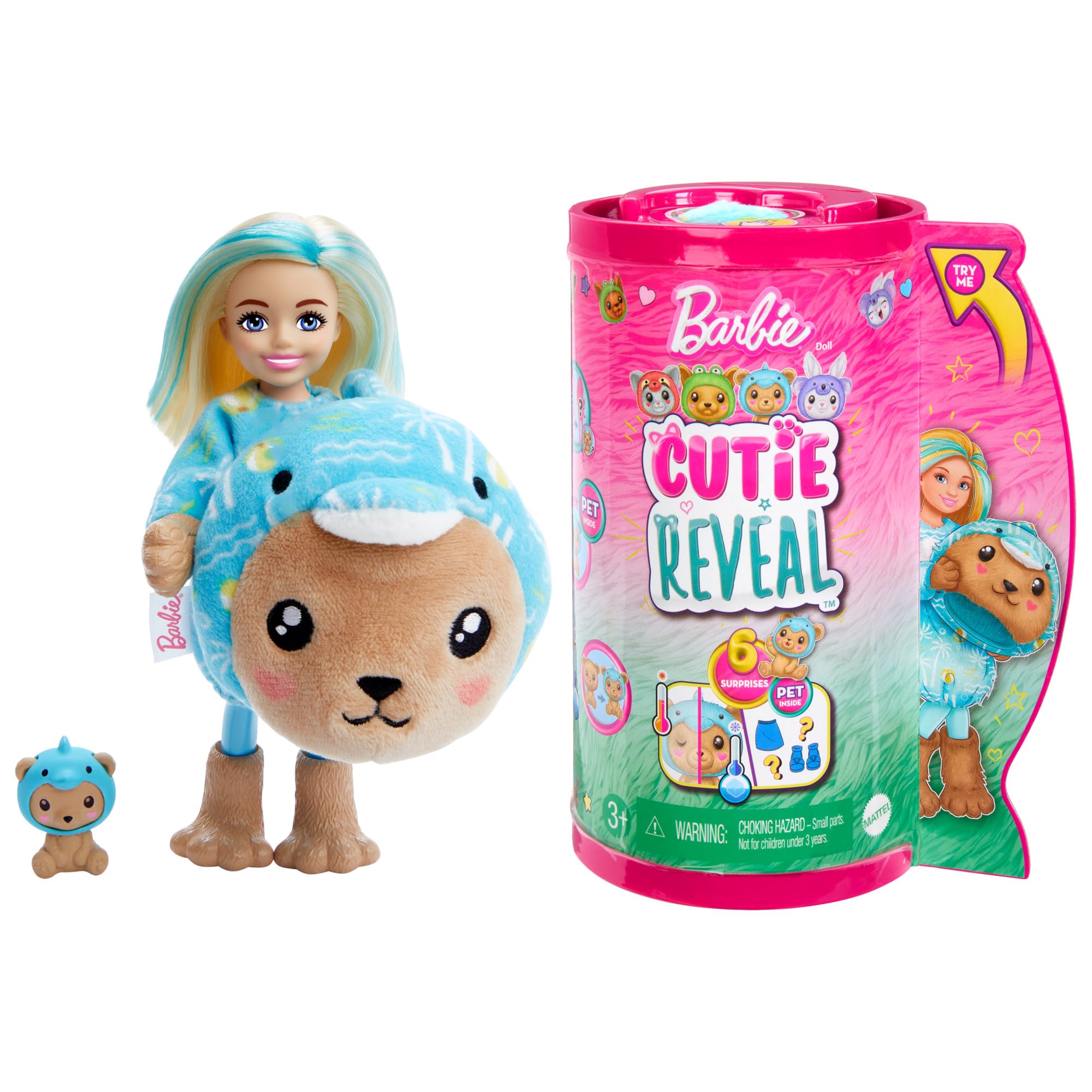 Barbie Cutie Reveal Chelsea Doll & Accessories, Animal Plush Costume & 6 Surprises Including Color Change, Teddy Bear as Dolphin, HRK30