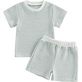 VISGOGO Boy Boy Girls Toddler Summer Outfit Striped T-shirt Toddler Boy Summer Clothes 6 12 18 Months 2 3 4 5 T Short Set