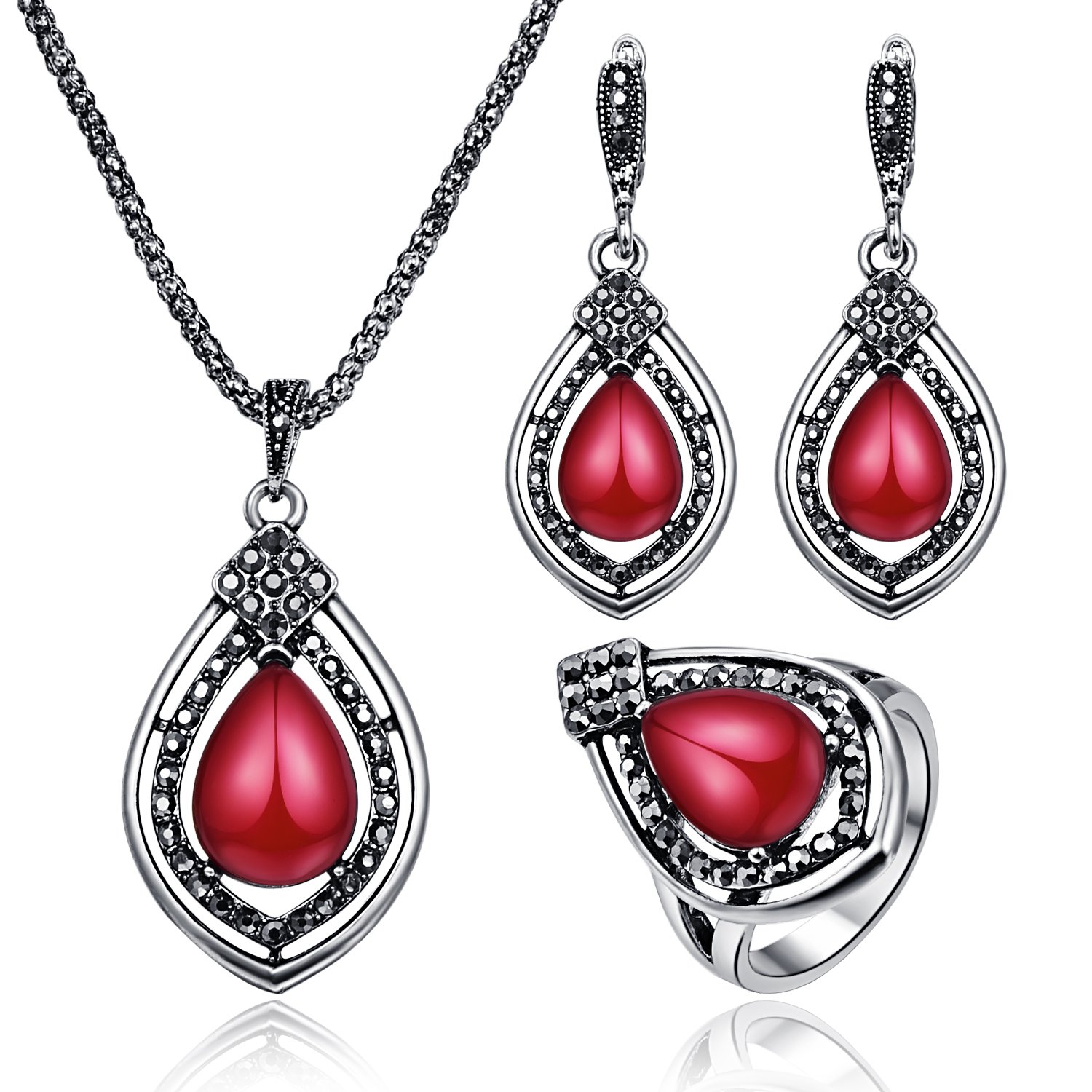 Vintage Women Fashion Red Resin Pendant Necklace Jewelry Set Long Chain Silver Chain Necklace - Green+Ring#8