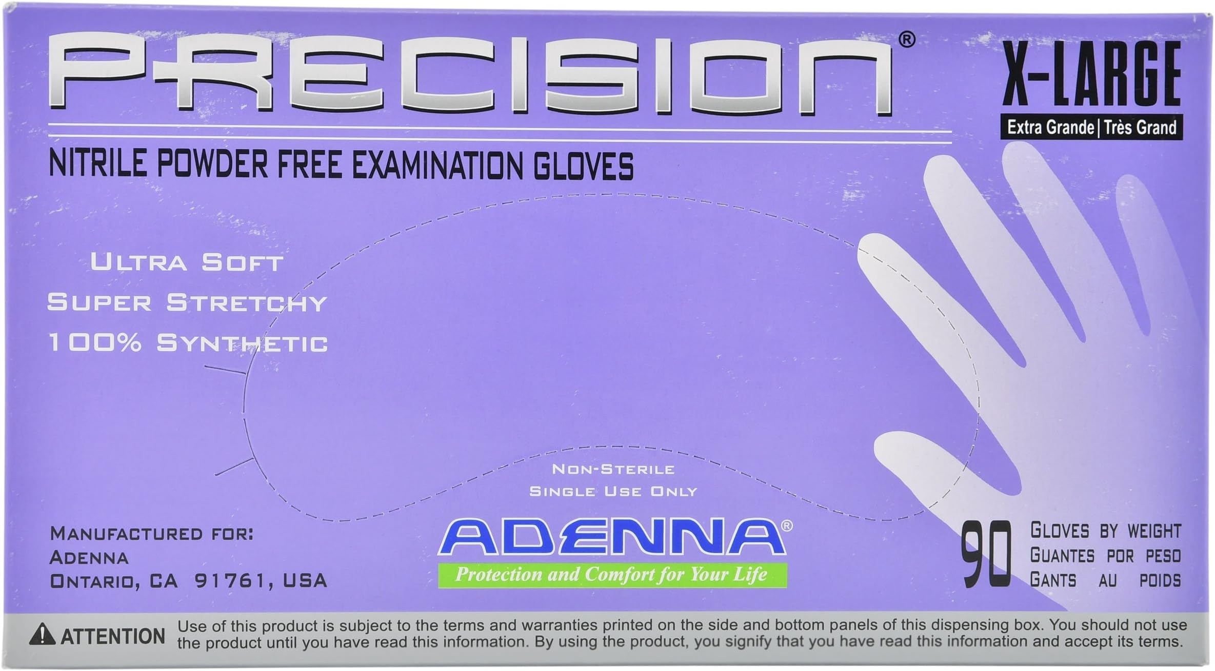 Adenna PCS778 Precision Nitrile PF Exam Gloves, X-Large, 90 Count (Pack of 10)