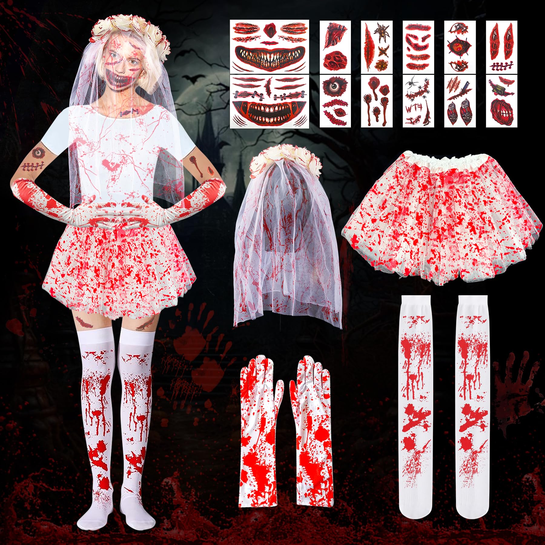 TZEKING Halloween Blood Costume Decoration Set, 16 Pieces Halloween Costume Accessory, Bloody Bridal Veil with Roses, Bloody Knee Stockings, Tutu Skirts, Gloves, Face Tattoos, Tattoo Stickers, Horror